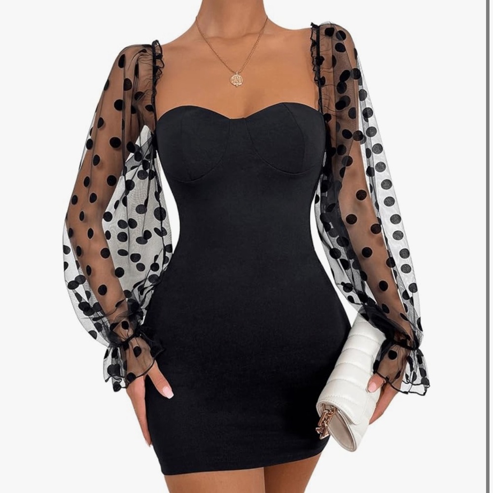 Elegant Black Dress with Sheer Polka Dot Sleeves